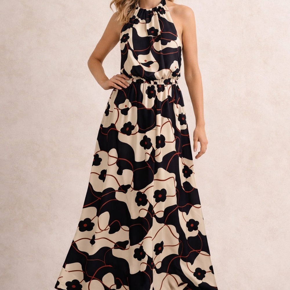 Jessica Simpson Cream Maxi Dress with Black Floral Print and Red Accents